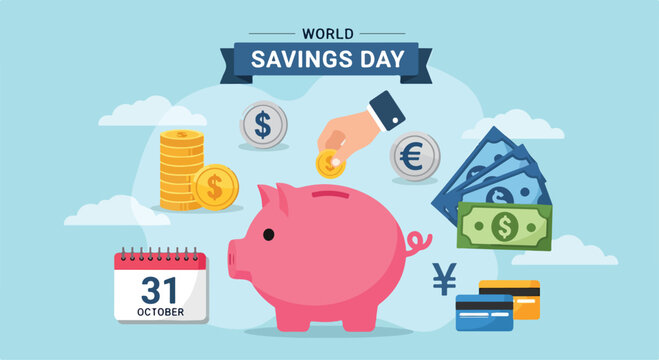 Illustration promoting World Savings Day with piggy bank and money