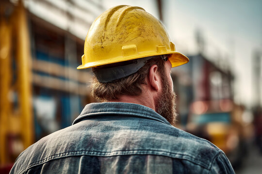 Construction worker in hard hat at building site, rear view