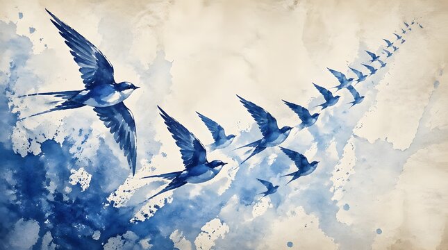 Watercolor Swallows Flying in Formation &ndash; Leadership, Teamwork & Progress Concept Art. Blue Birds in Flight for Business Graphics
