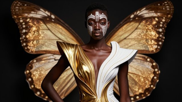 Elegant Model with Butterfly Wings and Artistic Face Makeup