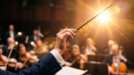 Fototapeta premium A conductor's hand guides an orchestra, backlit by stage lights. Concept: music direction, live performance, classical music, creating an inspirational and dramatic atmosphere. Generative AI.