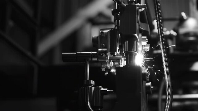Industrial welding sparks in a dark manufacturing workshop