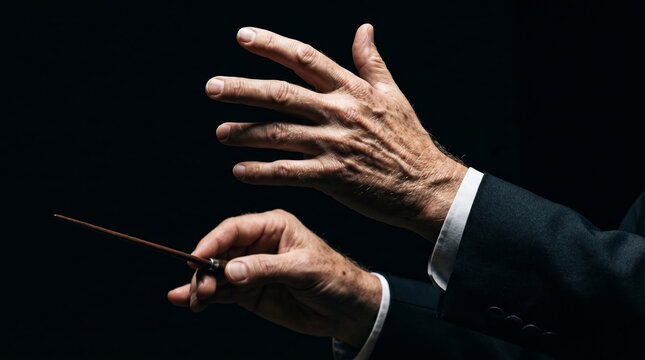 A detailed view of a person's hands delicately holding a conductor's baton. Concept of music, art, performance, elegance, and creativity for stock photography usage. Generative AI.