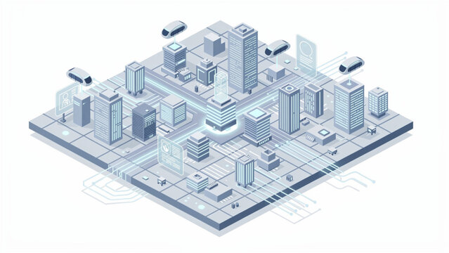Futuristic cityscape with modern skyscrapers and digital grid purple blue tones