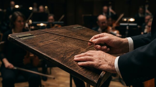 A conductor hands holding a baton over a music stand, leading an orchestra. Concept music, orchestration, leadership, performance, and concert. Perfect for cultural and artistic themes. Generative AI.