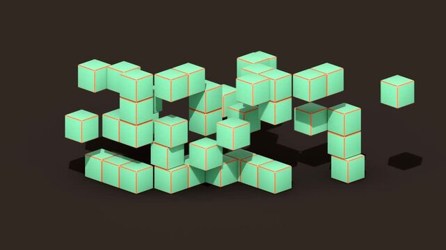 Looping 3D animation of mint green cubes with orange edges assembling into the numbers 2027 on a dark brown background. Modern minimal voxel style New Year concept.
