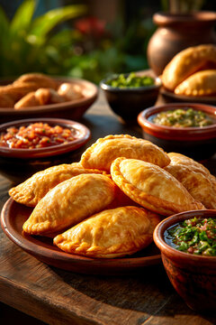 Delicious golden empanadas with spicy dips and sauces