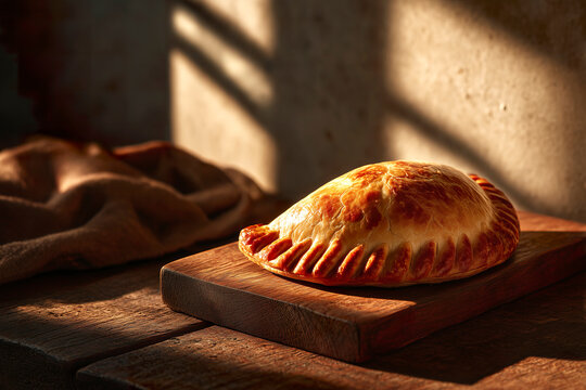 Golden baked empanada on rustic wooden board