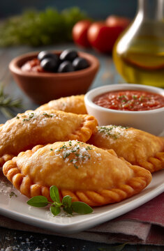 Golden empanadas with herbs and tomato dipping sauce