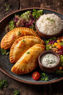 Delicious empanadas with rice and salad on plate