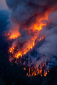Intense forest fire burning in hot summer landscape