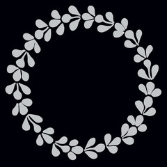 Obraz premium Elegant Silver Circular Floral Wreath Frame with Minimalist Leaf Pattern on Black Background, Decorative Vector Border for Invitations and Branding 