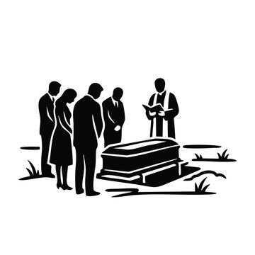 Graveside committal service silhouette. Priest and mourners at a casket burial ceremony. Vector illustration isolated on transparent background