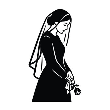 Grieving widow in black dress and veil. Woman holding rose in mourning. Minimalist vector illustration isolated on transparent background