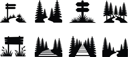 Forest Trail and Direction Sign Silhouette Collection with Pine Tree Landscape Illustrations © Biplob Creators