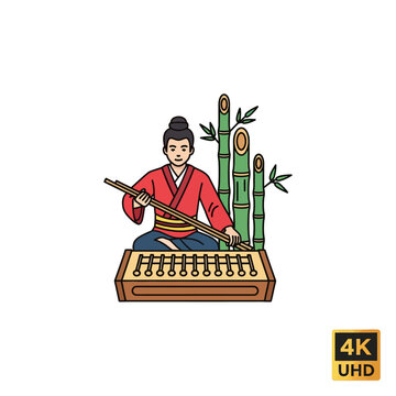 asian musician playing zither with mallet