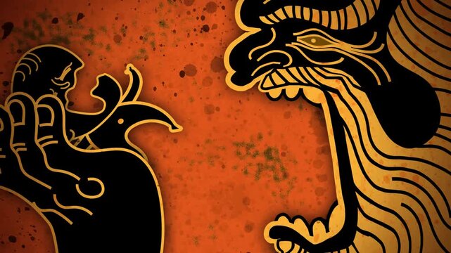 cronus devouring olympian children in orange greek vase style
