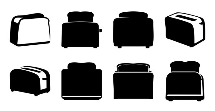 Eight black toaster icons in flat design style - Collection of eight stylish black toaster icons in a clean, flat design layout perfect for web and app graphics.