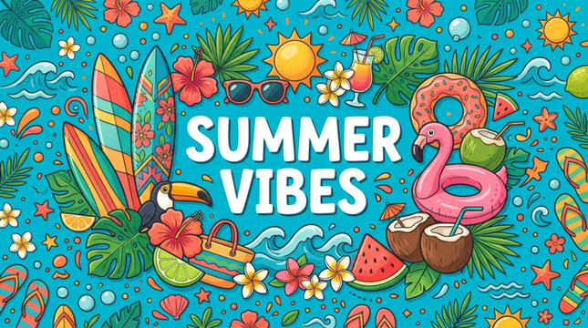 Vibrant summer vibes illustration with tropical elements surfboards flamingo float and sunglasses perfect for vacation and beach party designs