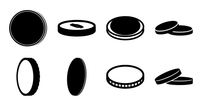 Flat black and white coin and button icons - Minimalist vector icons of coins and buttons in black and white for design projects or presentations.