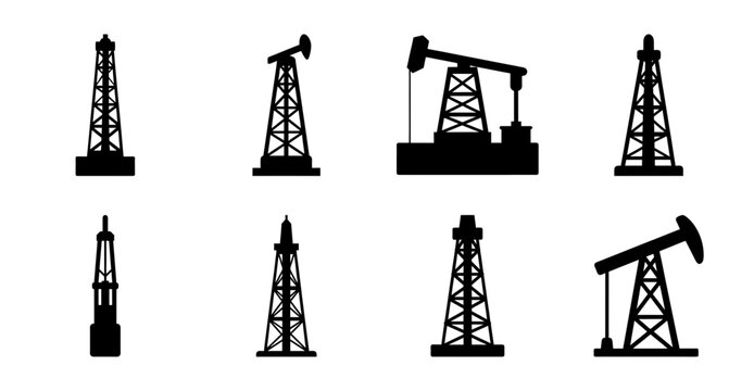 Black oil pump jacks and drilling rigs set - Eight black oil drilling icons including pump jacks and rigs in a clean, simple style for energy and industrial use.