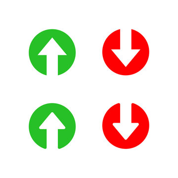 Up and down arrow circle icon. Green increase and red decrease financial symbol. Vertical growth and loss arrows sign
