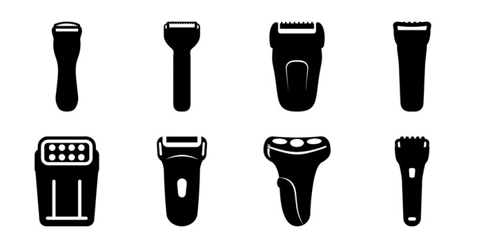 Eight black electric shavers and trimmers set - A collection of eight sleek black electric shavers and trimmers in a clean, minimalist style for modern grooming icons.