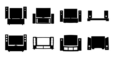 Flat pack furniture icons set with tv stands - Modern flat pack furniture icons including TV stands, sofas, and cabinets in minimalist black and white style. © Md