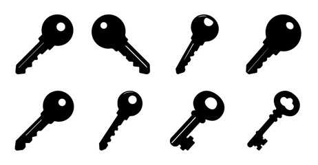 Black keys in a simple grid arrangement - Eight black key icons neatly organized in two rows for design or illustration use. © Md