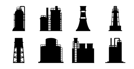 Obraz premium Black industrial chimneys and factory icons - Eight stylized black silhouettes of industrial chimneys and factories in a clean, minimalist vector design.
