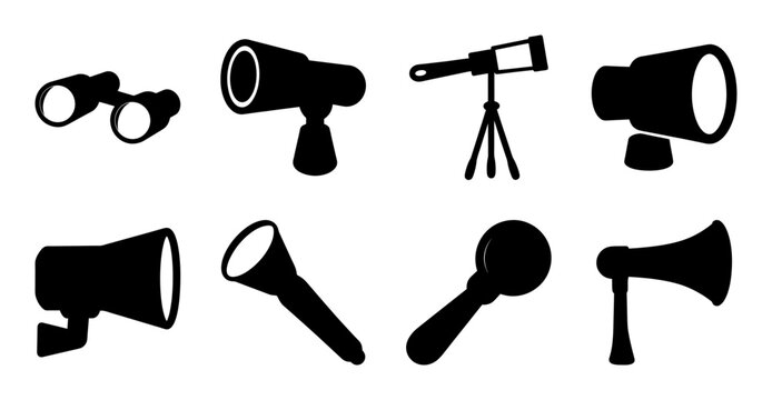 Set of nine different searchlight and flashlight icons - Black and white vector icons of various flashlights, spotlights, and searchlights in a clean style for easy recognition and use in designs.