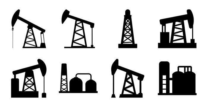Black oil pump jacks and extraction icons - Set of black oil pump jacks and extraction rig icons in a clean, minimal style for industrial and energy-related designs.