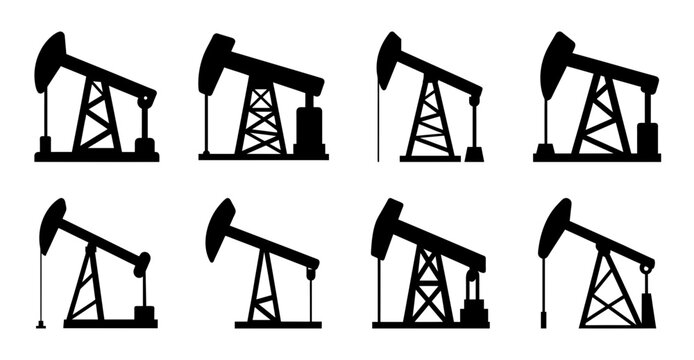 Six oil pumpjacks working in a row - Simple black and white vector illustration of six oil pumpjacks lined up in a row for industrial or energy-related projects.