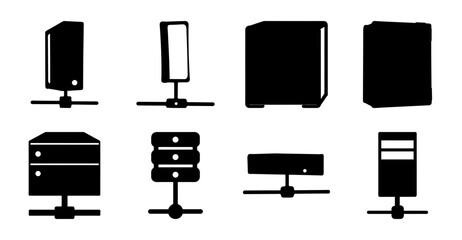 Black server and computer hardware icons - Minimalist icons of various server racks, computers, and hardware on stands in black silhouette style. © Md