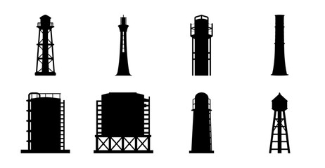 Black industrial water tower and silo vector icons - Minimalist black and white vector icons of water towers, silos, and industrial tanks for business and design use. © Md