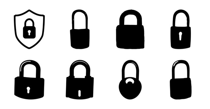 Black padlock icons set with shield - Set of eight black padlock icons in various styles, including a shield shape, perfect for security and privacy designs.