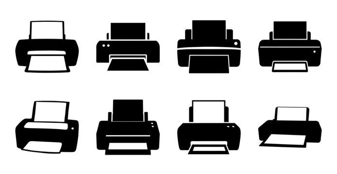 Eight black printer icons in a row - Simple black printer icons arranged neatly in two rows of four, perfect for tech or office-related graphics.