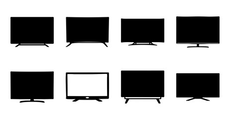 Eight flat screen tvs in modern standing style - Set of eight sleek flat screen televisions displayed in modern standing stands for stock use. © Md