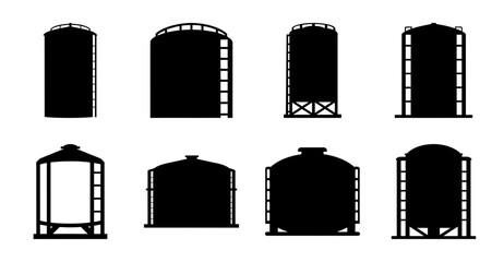 Eight black silo storage tanks in row - Simple line art of eight black silos arranged neatly in two rows for agricultural or industrial use. © Md