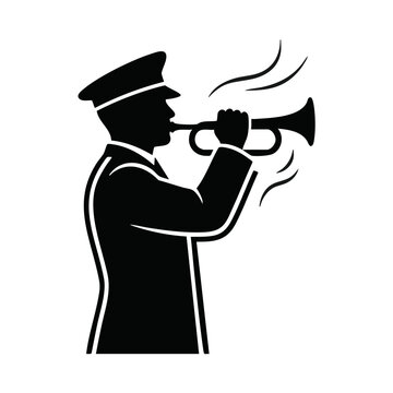Uniformed officer playing bugle silhouette. Military taps or police funeral tribute vector icon. Honor guard trumpet player isolated