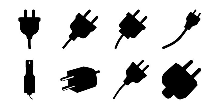 Black electrical plug and socket icons set - Minimalist black line icons of various plug types and wall sockets for electrical projects or digital design use.