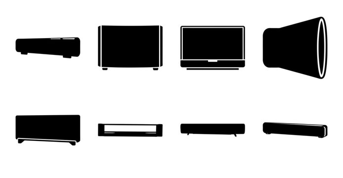Modern flat screen tv and speaker collection - Minimalist line art set of various TV shapes and a speaker for multimedia design projects.