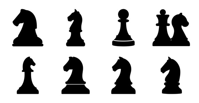 Chess pieces set of black and white icons - Minimalist chess set with black and white pieces arranged in a grid for stock vector use.
