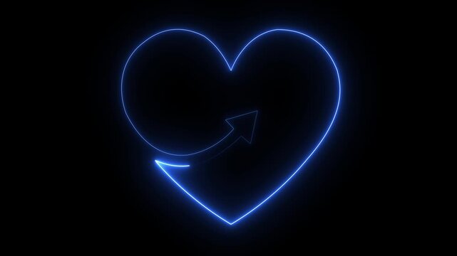 Neon icon of heart with arrow isolated on black background. Love, St