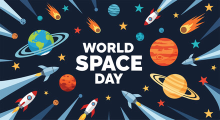 Colorful illustration of space scene with planets, rockets © Yakina