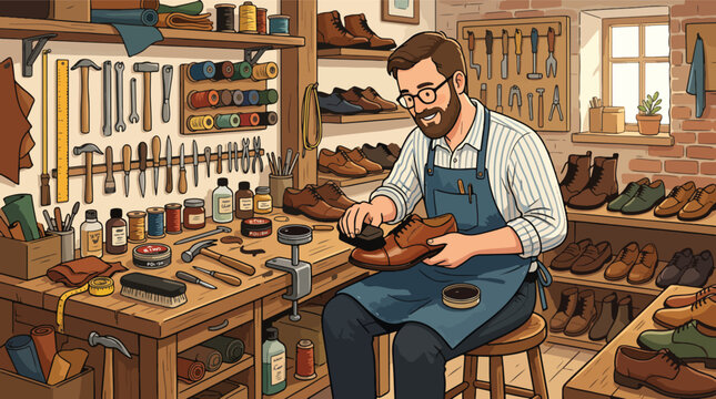 man working in shoe repair shop.
