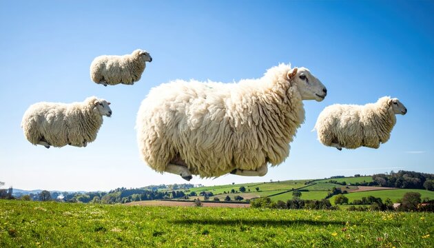 A group of fluffy sheep floating like clouds in a clear blue sky above a vibrant green rural landscape