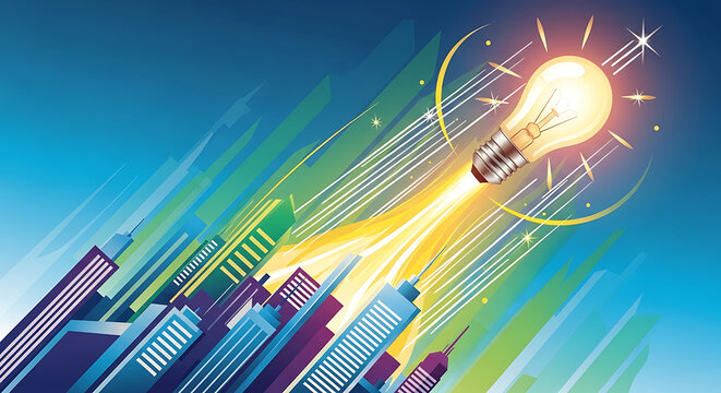 Lightbulb soaring above a modern cityscape represents the rapid growth and technological innovation of a booming urban business district.