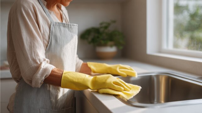 A woman in an apron and yellow gloves is cleaning a stainless steel sink with a sponge. Natural light fills the kitchen as she carefully wipes the surface, showing a focus on cleanliness