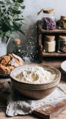 Fototapeta premium A person sifts flour into a large ceramic bowl. The kitchen is warm and inviting. Freshly baked goods sit nearby. Jars of spices are visible on wooden shelves
